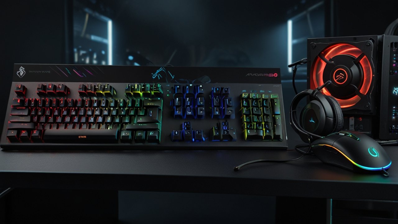 Gaming accessories displaying peripheral enhancement equipment including mechanical keyboard, precision mouse and surround headset