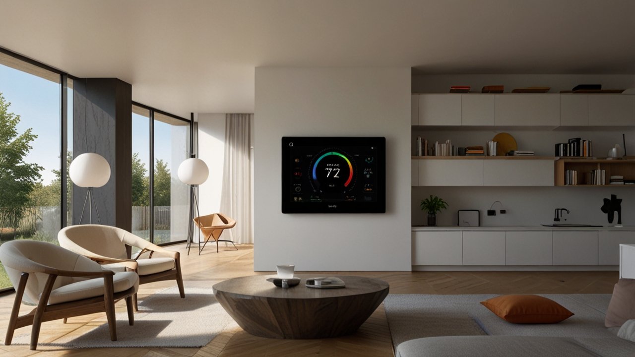 Google Nest thermostat displaying smart temperature control interface with home monitoring features and connected sensor integration