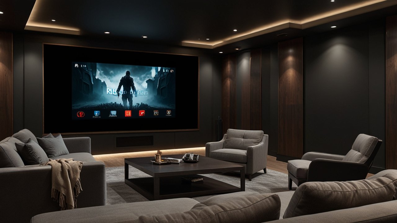 Home theater system displaying immersive entertainment setup with surround sound speakers and large display