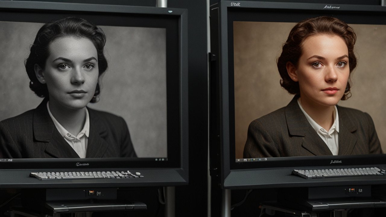 Image restoration software displaying damaged photo being repaired with AI tools