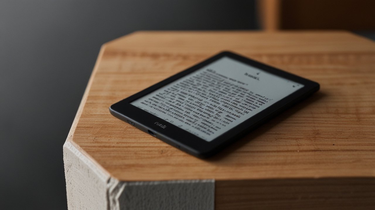 Kindle e-reader displaying paper-like reading experience with e-ink technology and front lighting system