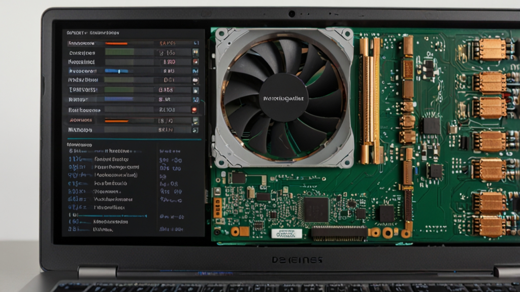 Laptop cooling system displaying thermal solution design with heat pipes and cooling fans for temperature management
