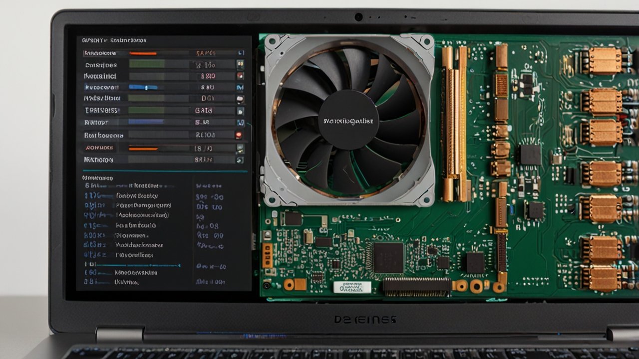Laptop cooling system displaying thermal solution design with heat pipes and cooling fans for temperature management