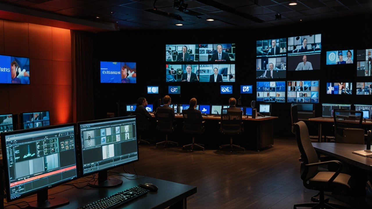 Live broadcasting studio transmitting real-time content to audiences