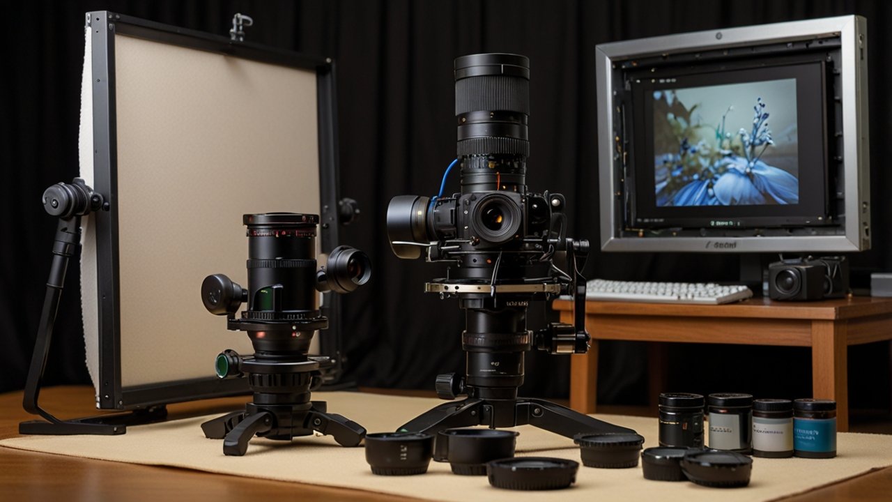 Macro photography equipment displaying close-up imaging capabilities for extreme magnification of miniature subjects and fine details