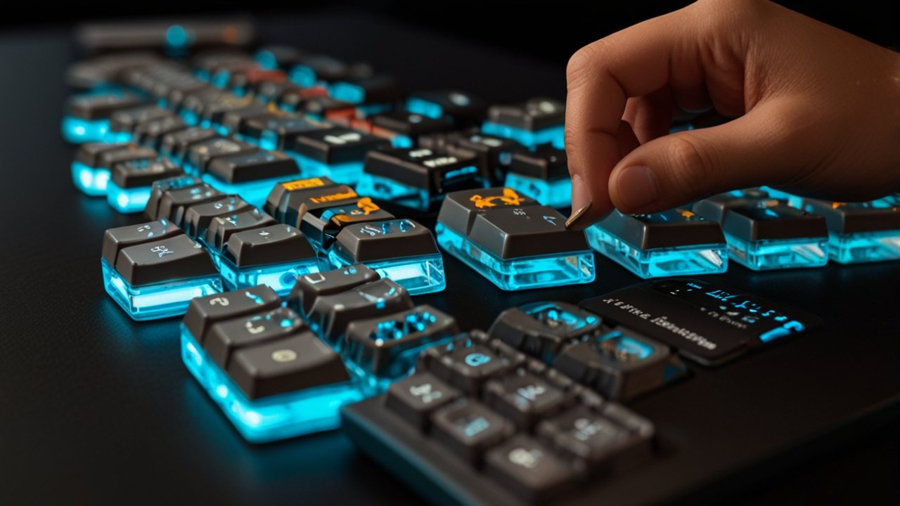 Mechanical keyboard displaying individual key switch technology with customizable keycaps and programmable functionality