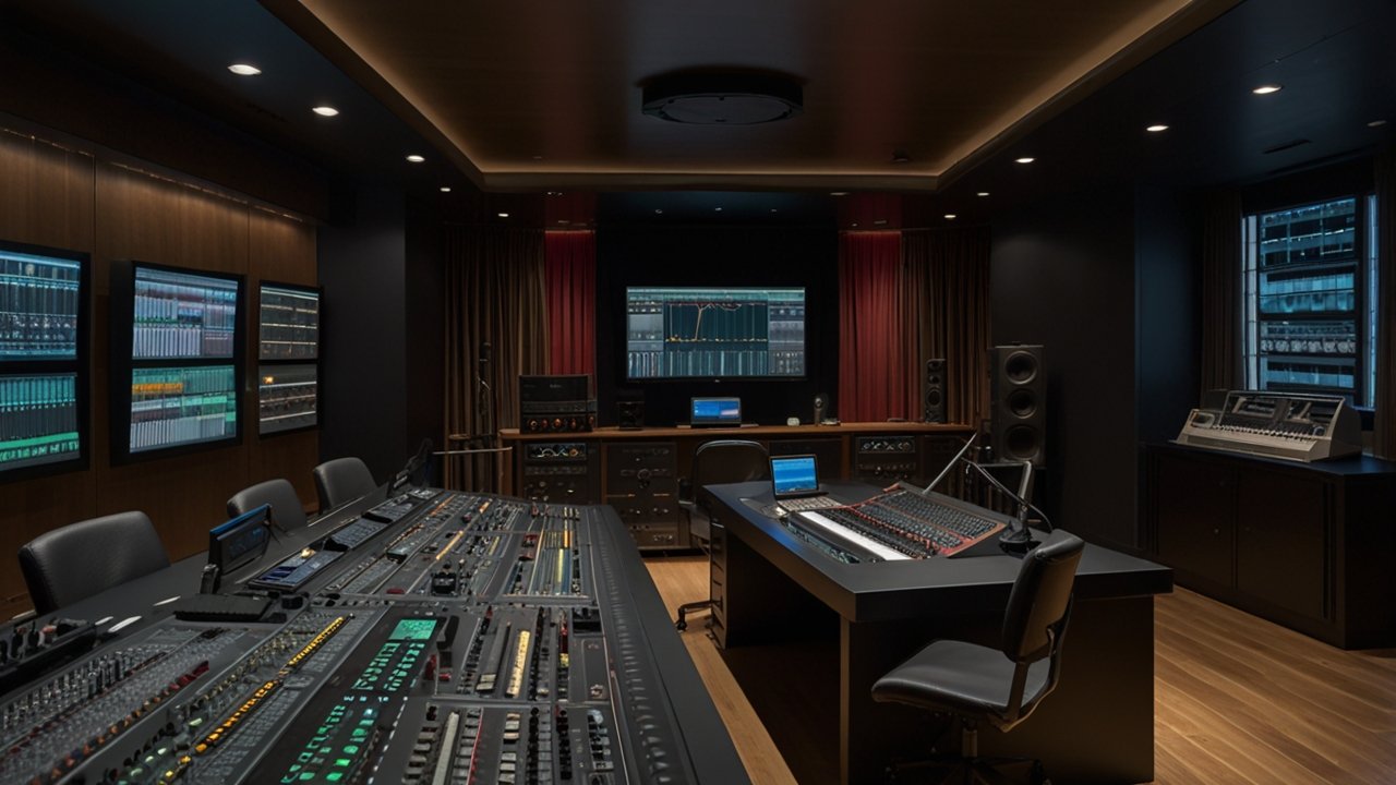 Music production studio displaying audio composition workflow with sound engineering equipment and digital arrangement software