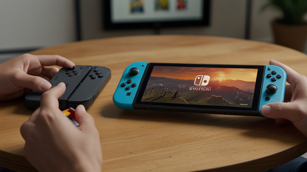 Nintendo Switch displaying hybrid console capabilities with detachable controllers and docking station for TV connection