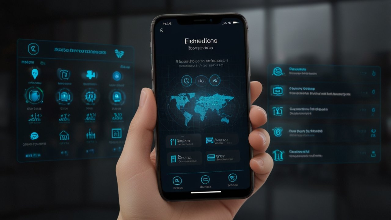 Phone security interface displaying mobile protection features through layered defense mechanisms