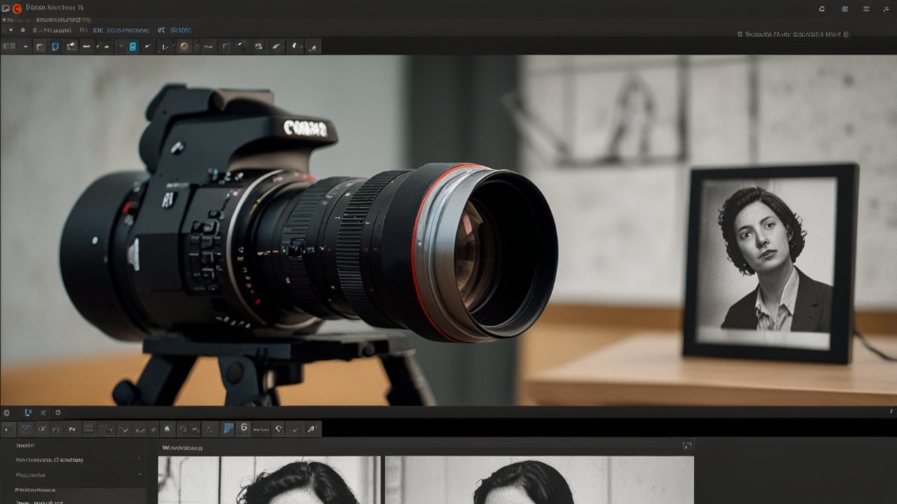 Photo composition interface showing grid overlays and artistic guidance tools