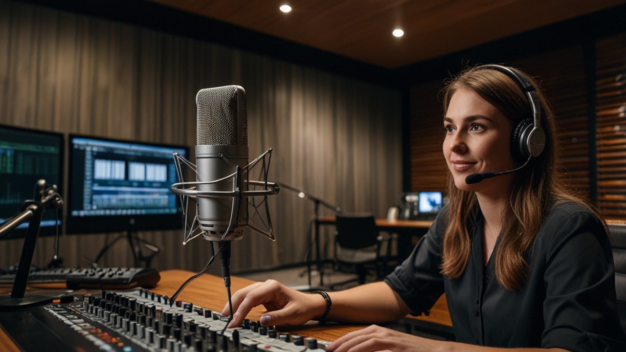 Podcast production interface showing multi-track recording and broadcasting controls