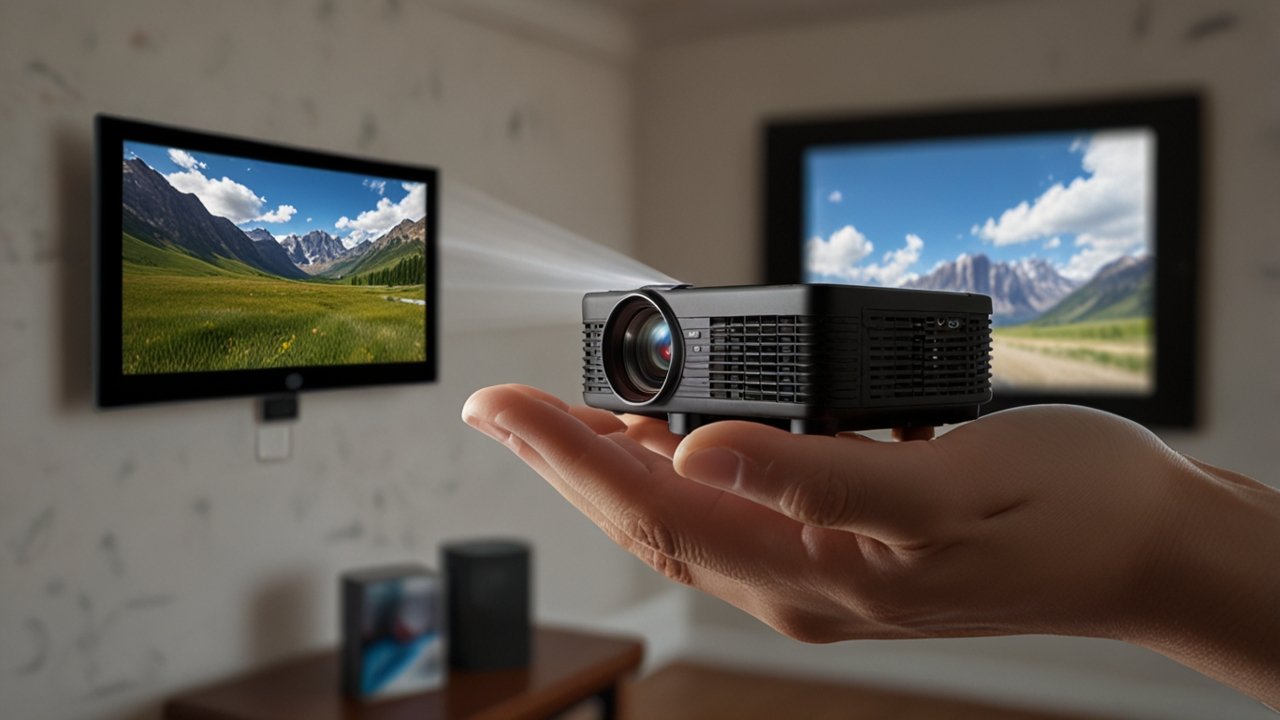 Portable projector displaying compact display technology with battery-powered operation and integrated speakers