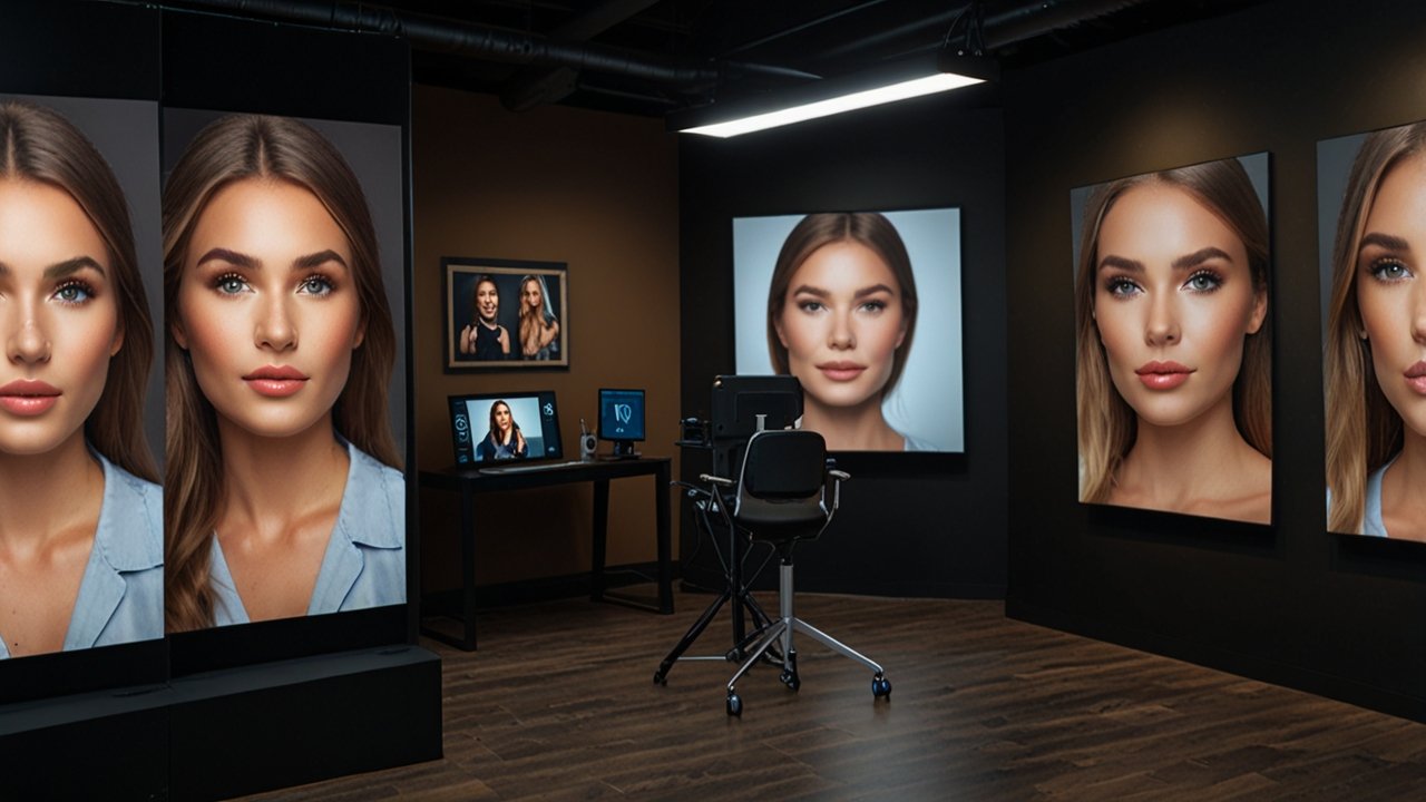 Portrait photography interface showing facial recognition and beauty enhancement features