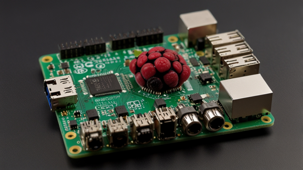 Raspberry Pi single-board computer displaying compact computing capabilities with connection ports and expansion options