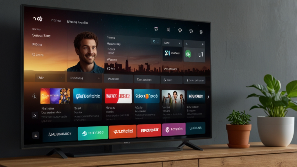 Smart TV displaying connected television capabilities with streaming integration and voice control interface