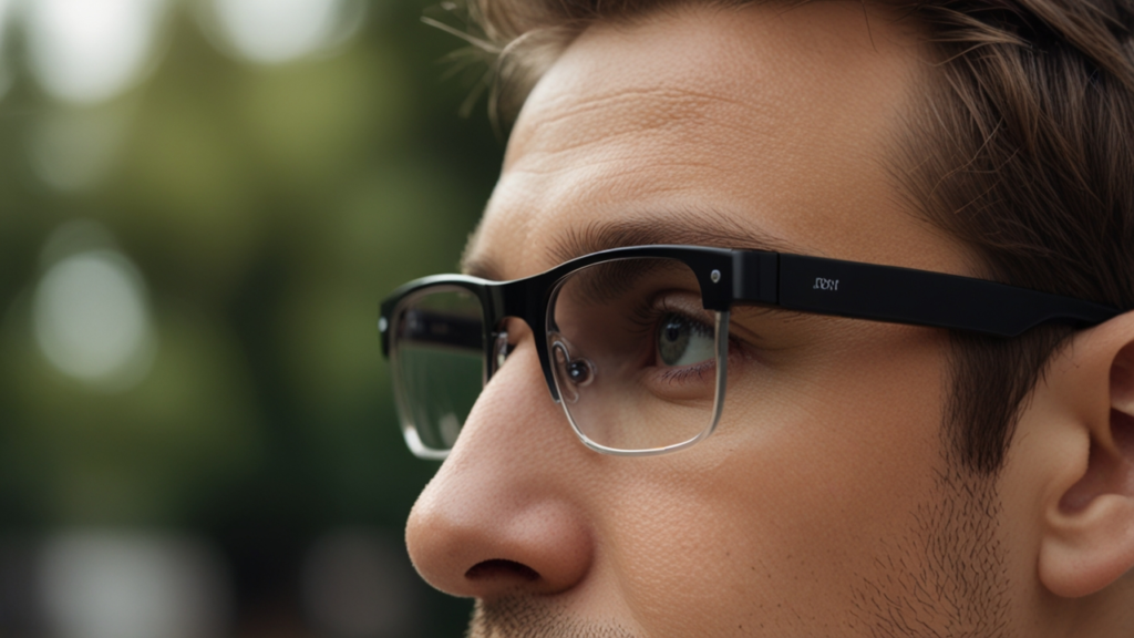 Smart glasses displaying contextual information overlaid onto physical environments through transparent optical projection system