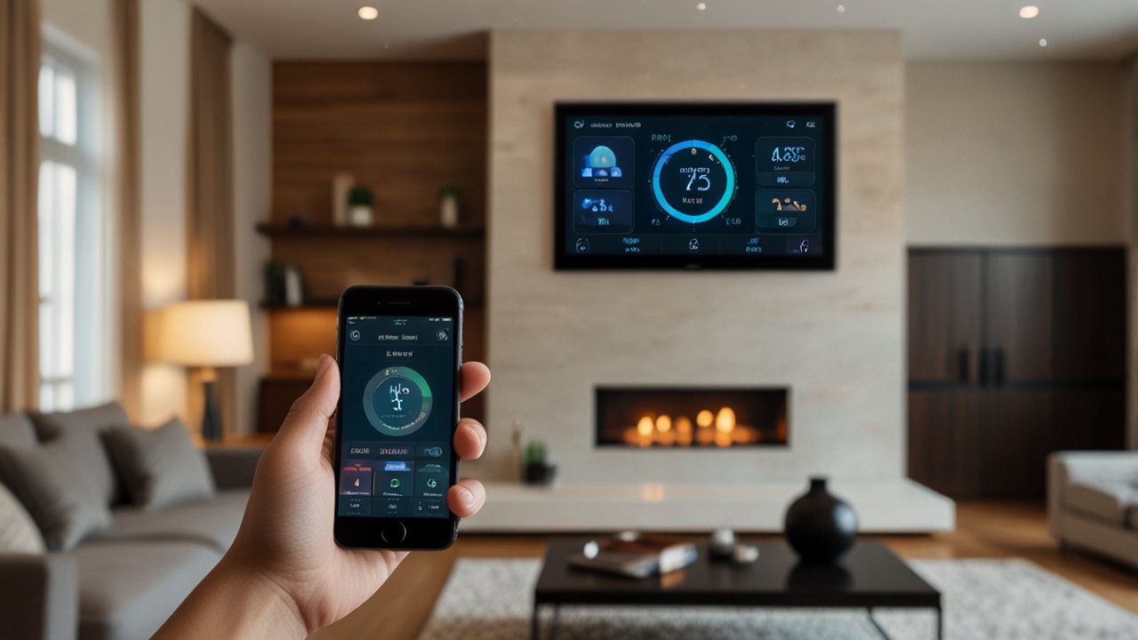 Smart home interface displaying connected device management with automation routines and energy monitoring