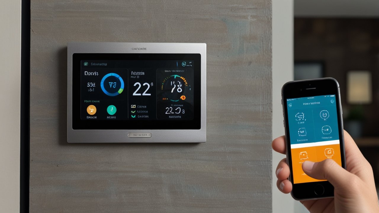 Smart thermostat displaying intelligent climate control interface with energy usage reporting and remote access capabilities