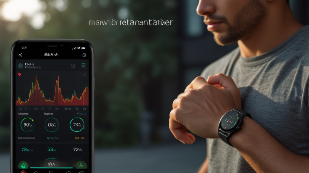 Smart watch device displaying wearable technology with health monitoring sensors and fitness tracking capabilities