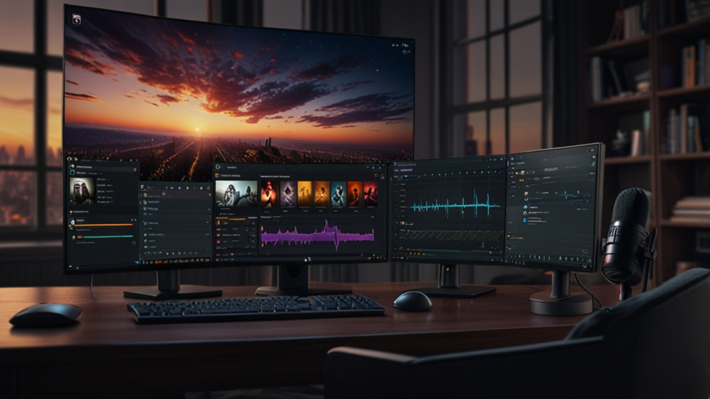 Twitch streaming setup displaying professional broadcasting equipment with audience interaction dashboard and channel customization