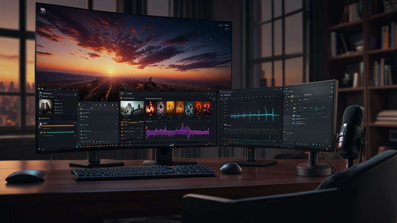 Twitch streaming setup displaying professional broadcasting equipment with audience interaction dashboard and channel customization