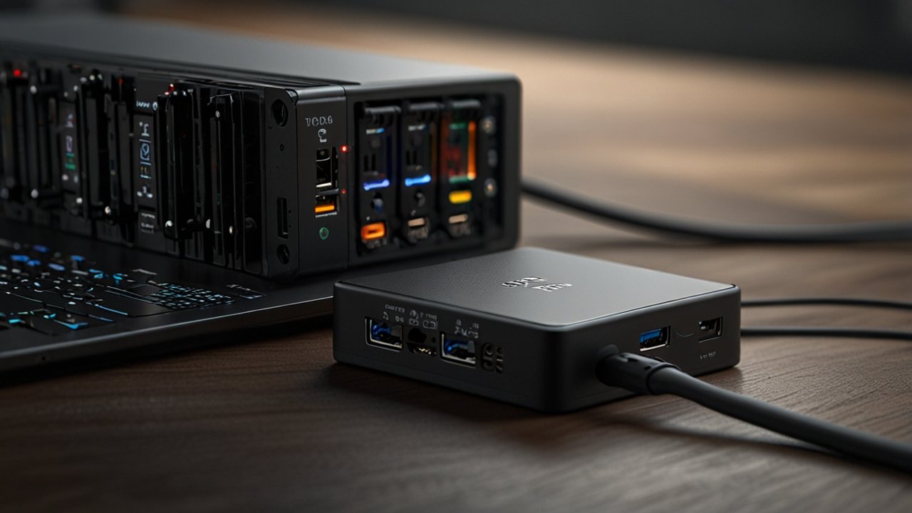 USB-C hub displaying port expansion capabilities with multiple connectivity options and pass-through charging