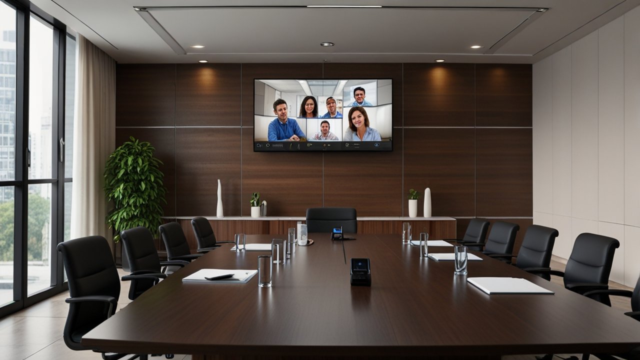Video conferencing setup displaying professional remote meeting equipment with multiple participant views and screen sharing
