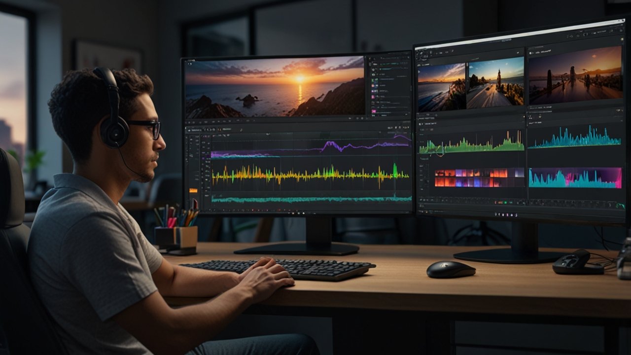 Video editing interface displaying professional post-production software with timeline, effects panel and color grading tools