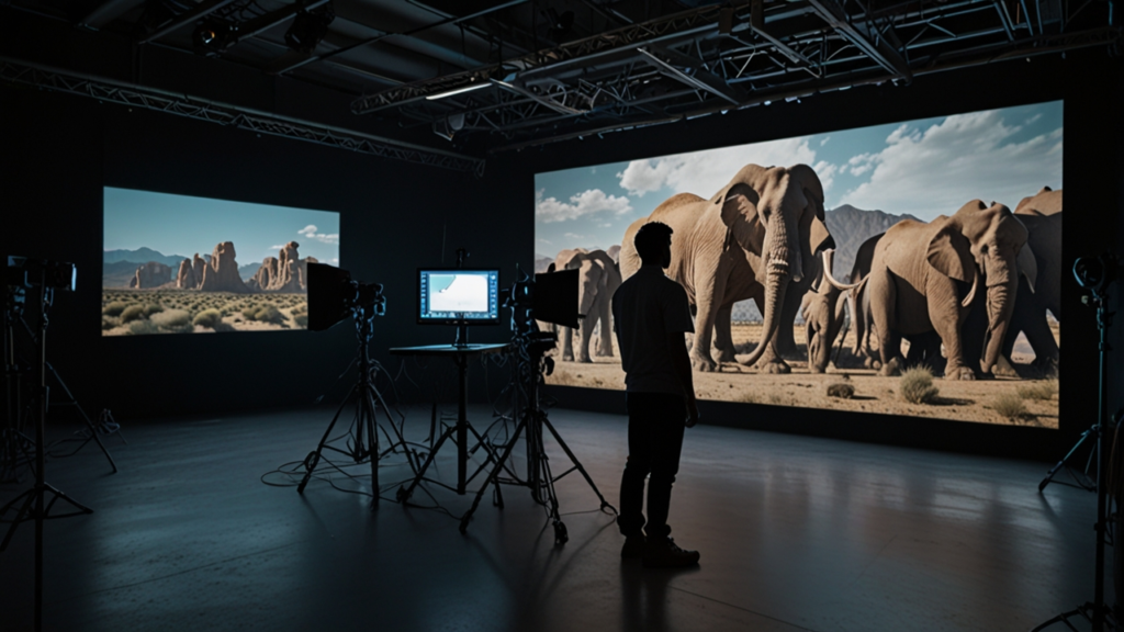 Virtual production stage with LED walls displaying real-time rendered environments