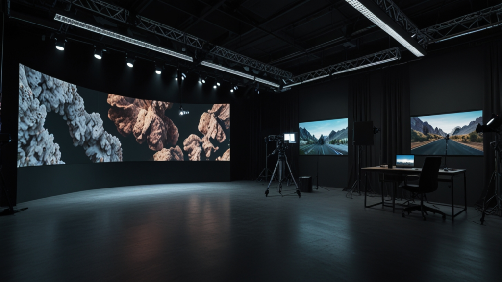Virtual production stage with LED walls displaying real-time rendered environments