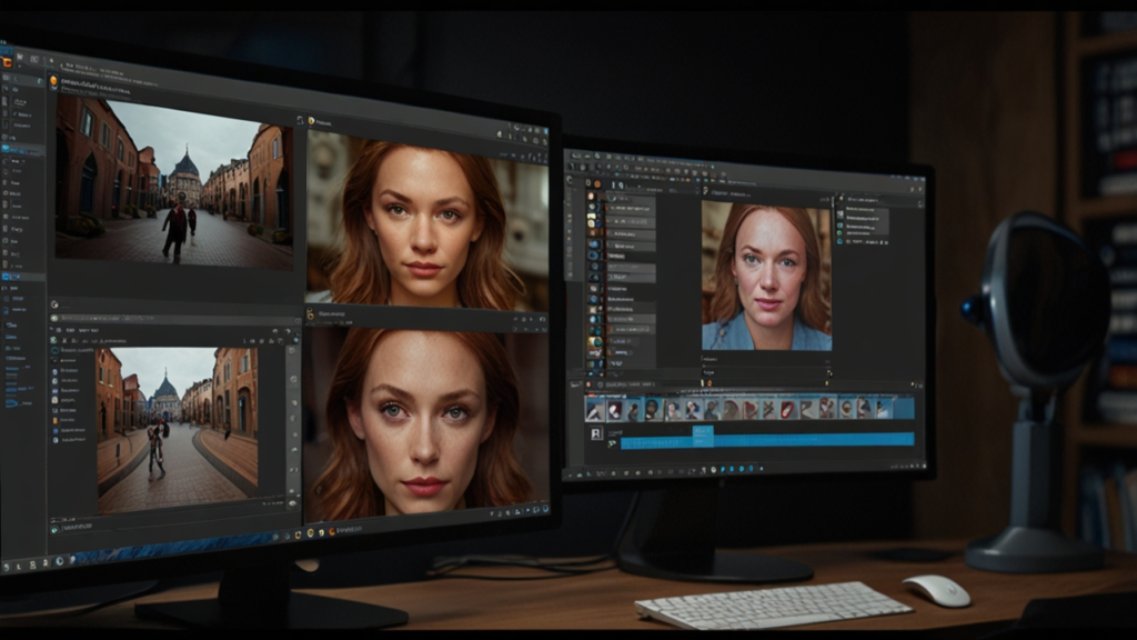 Virtual camera software displaying digital imaging controls with simulated optics and computational photography features