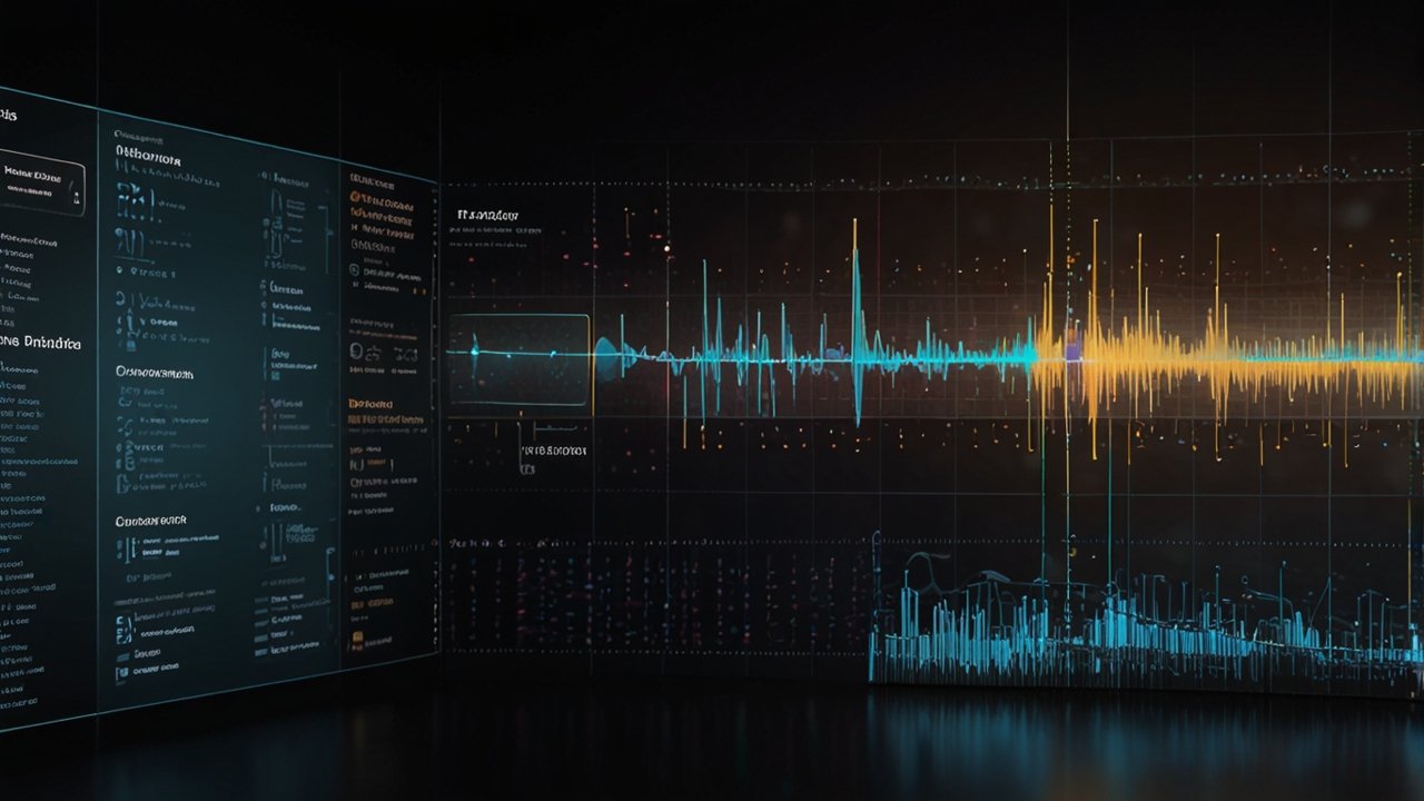 Voice AI system displaying speech recognition capabilities through natural language processing and audio waveform analysis
