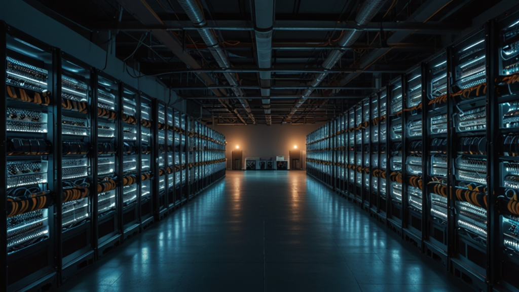 Cryptocurrency mining facility with specialized ASIC hardware processing blockchain calculations