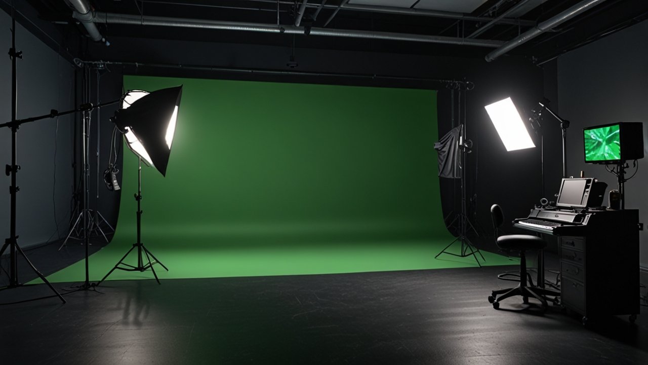 Green screen studio setup for chroma key background replacement