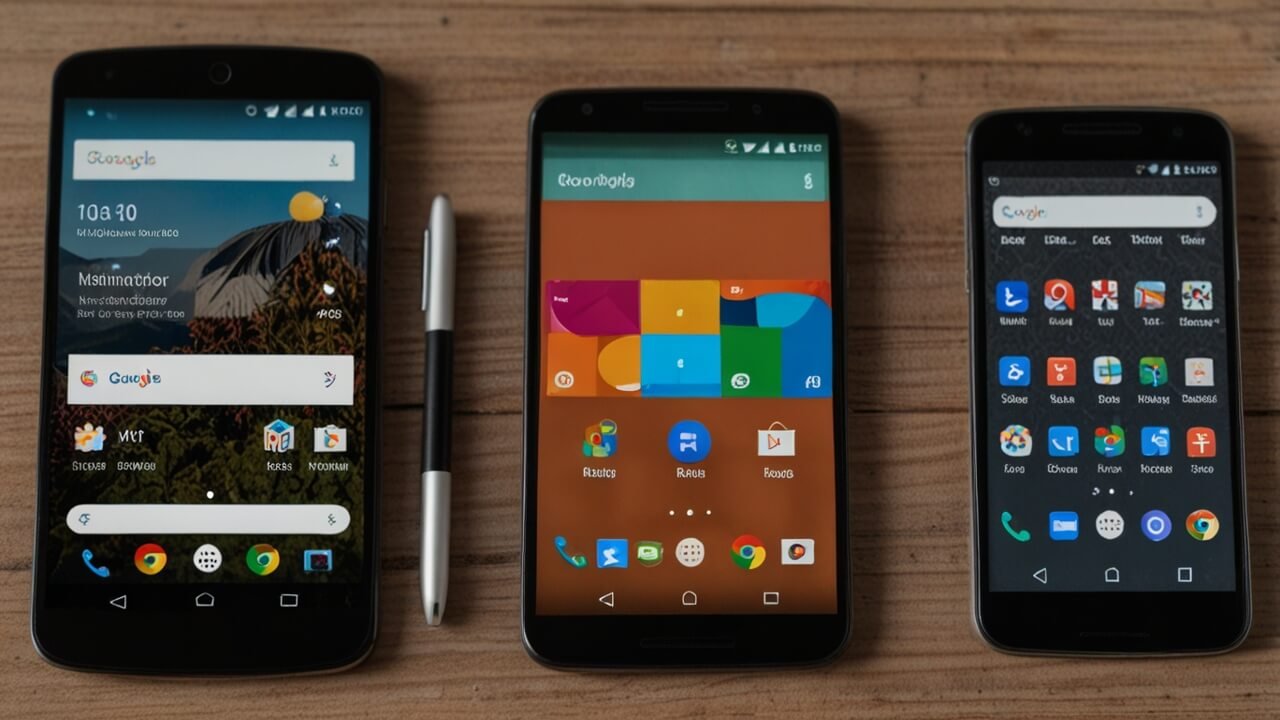 Android interface showcase with various smartphones displaying system features and customization options