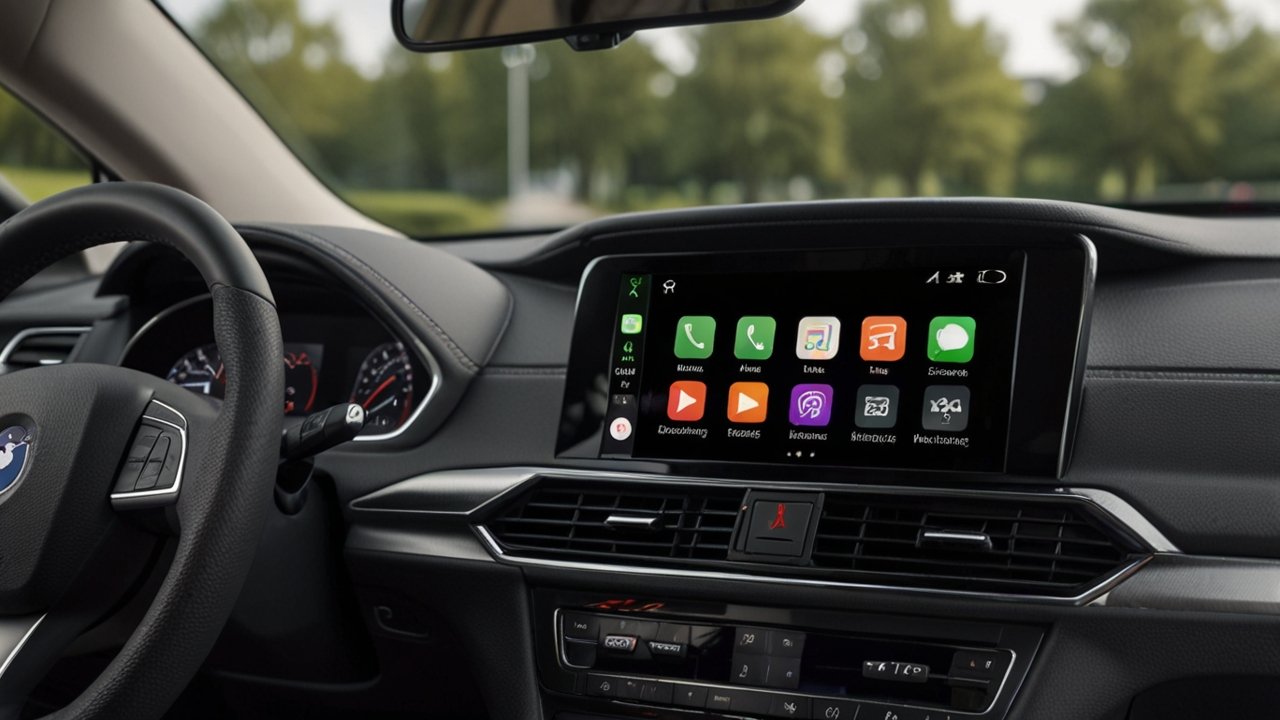 Apple CarPlay interface in modern vehicle with smartphone integration and touchscreen display