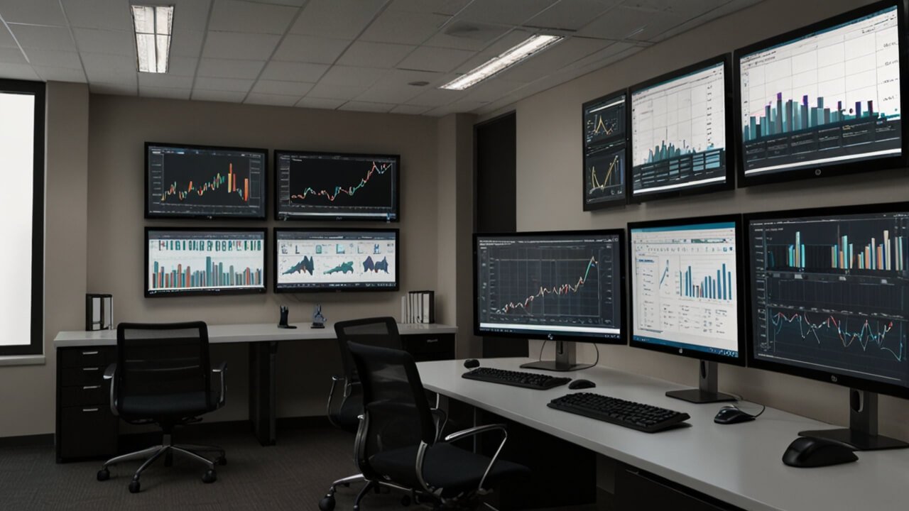 Business analysis workspace with performance dashboards and strategic planning tools