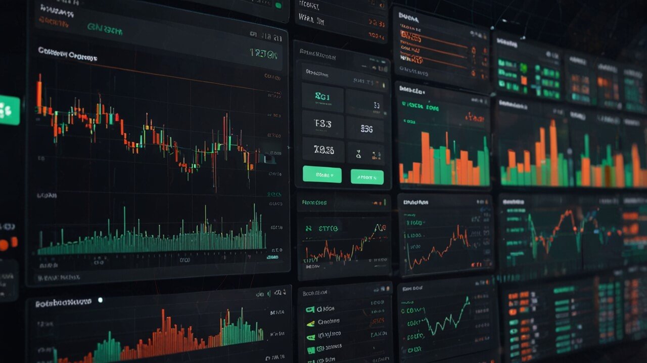Cryptocurrency trading platform with digital assets and market analysis visualization