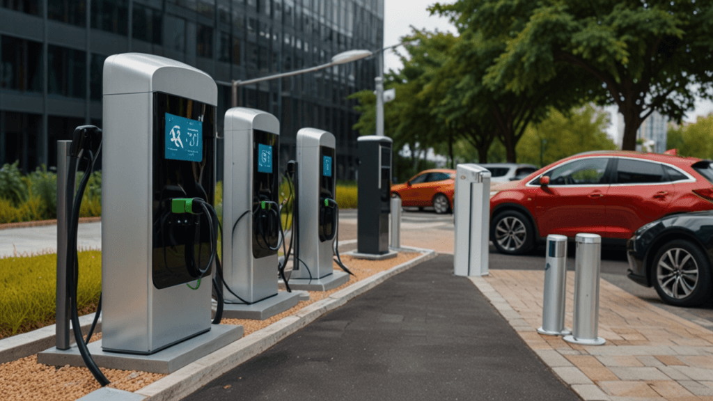 Electric vehicles charging station with modern EVs and sustainable transportation infrastructure