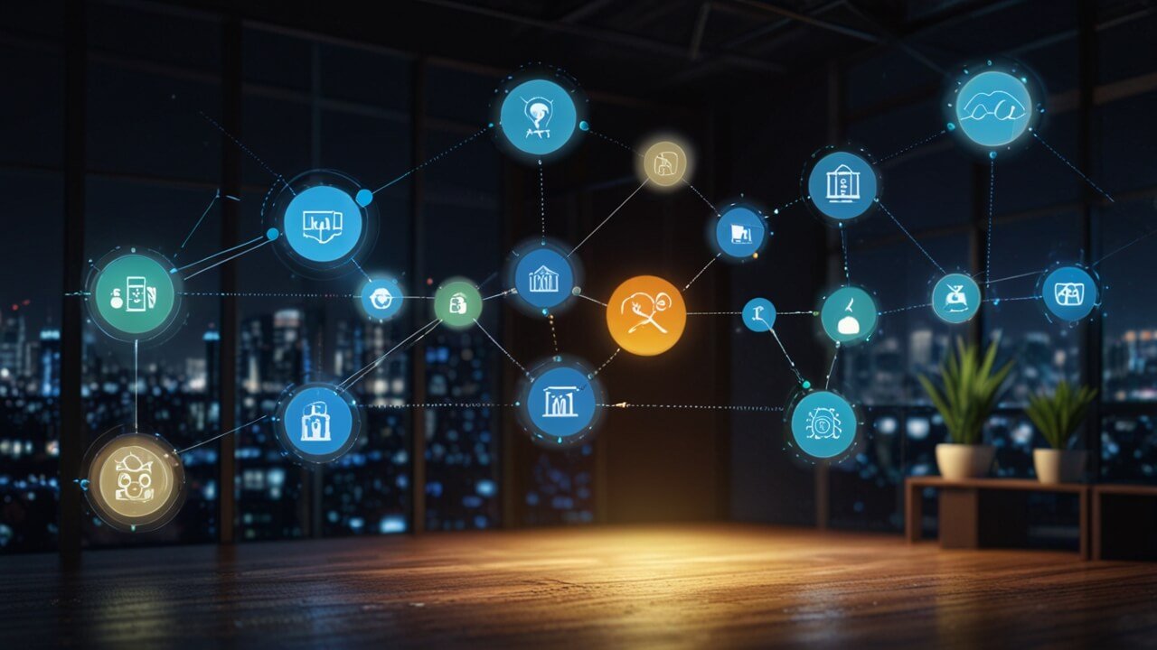 IoT devices network with sensors and wireless communication between connected systems
