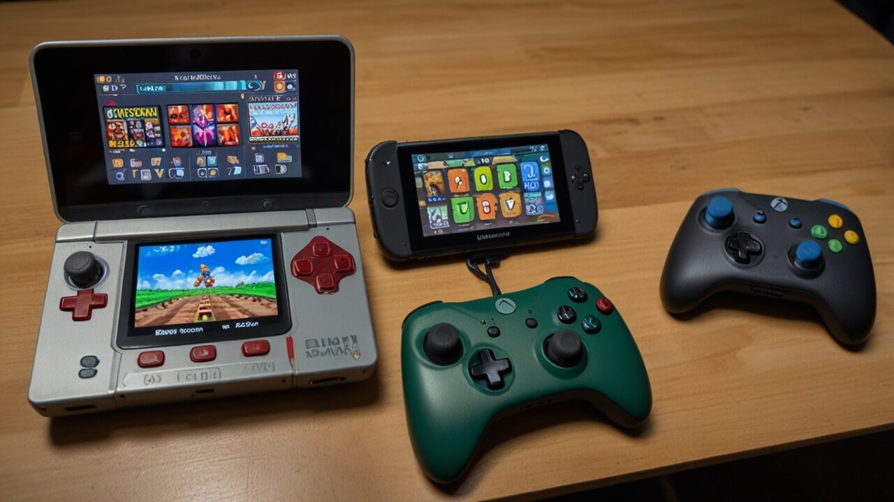 Portable gaming devices with handheld controls and mobile gaming capabilities