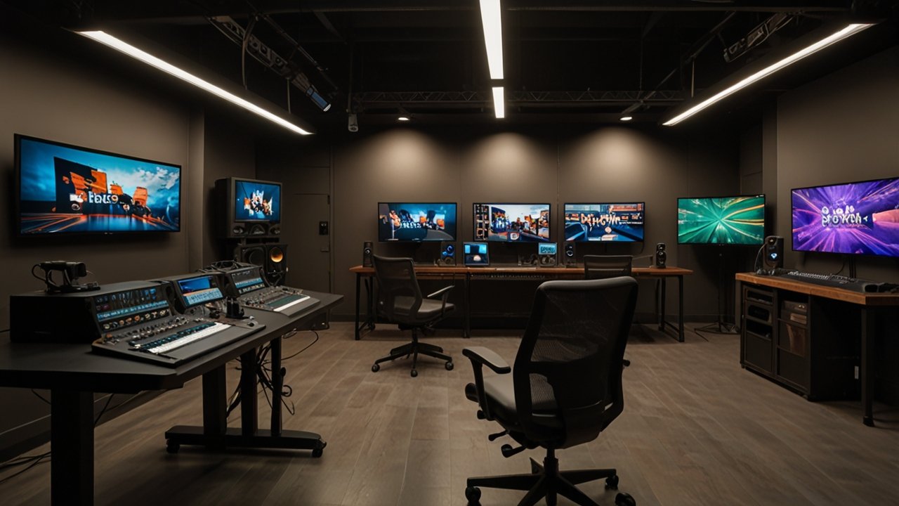 Streamer setup with professional broadcasting equipment and content creation tools