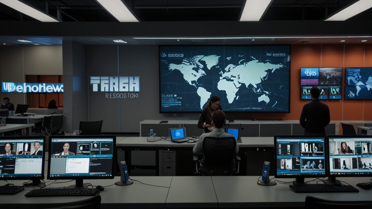 Tech news newsroom with reporters covering technology developments and industry updates