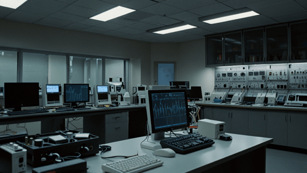 Tech reviews workspace with various devices undergoing testing and evaluation processes