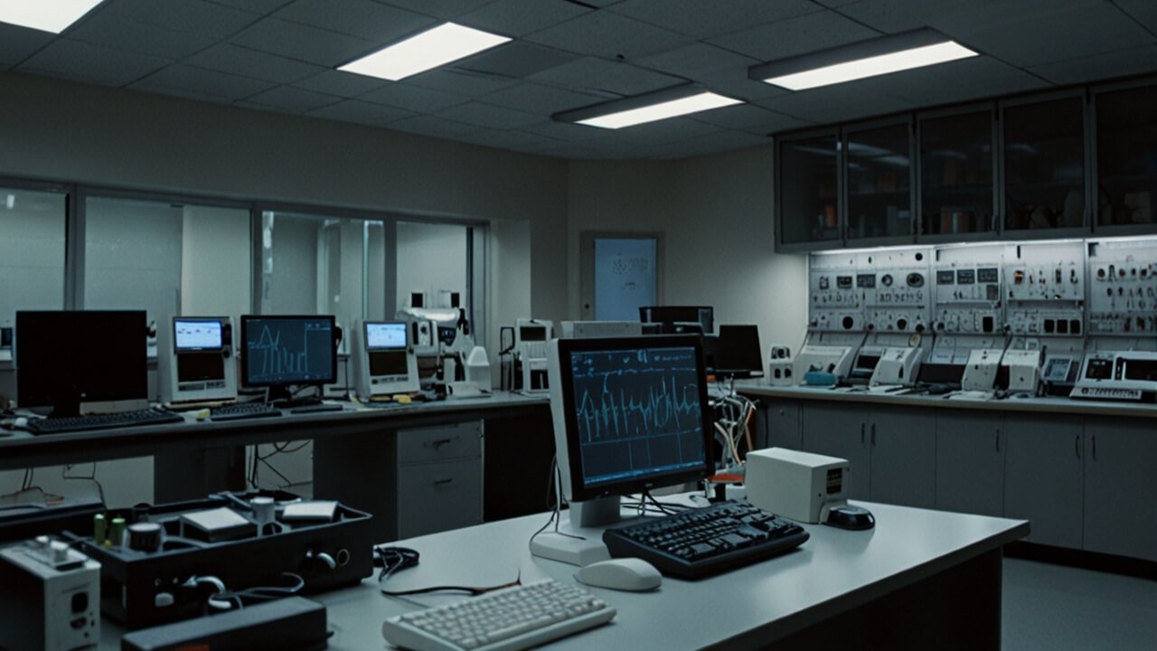 Tech reviews workspace with various devices undergoing testing and evaluation processes