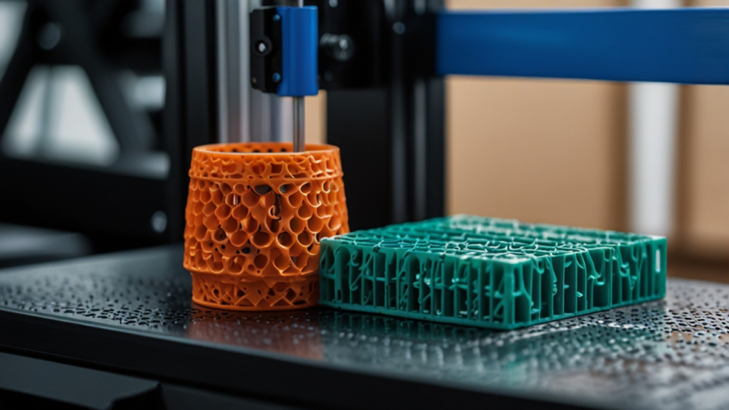 Advanced 3D printing facility with multiple additive manufacturing systems producing complex parts, material research displays, and innovative printed objects