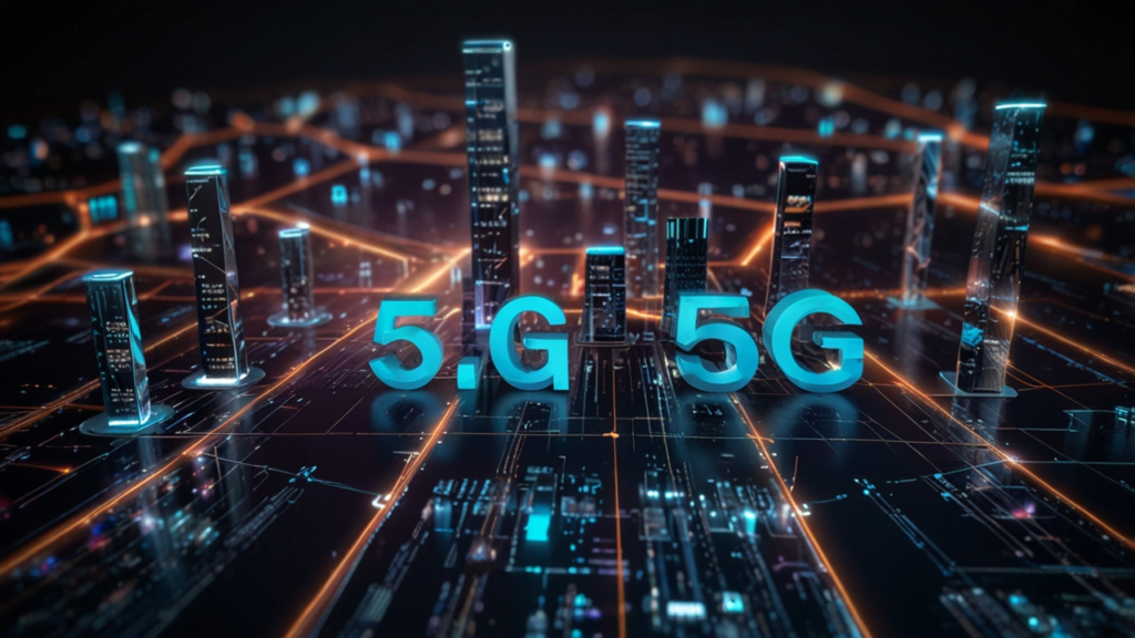 Modern city skyline with 5G cell towers, wireless signal waves, and connected smart devices creating a networked urban environment with futuristic lighting
