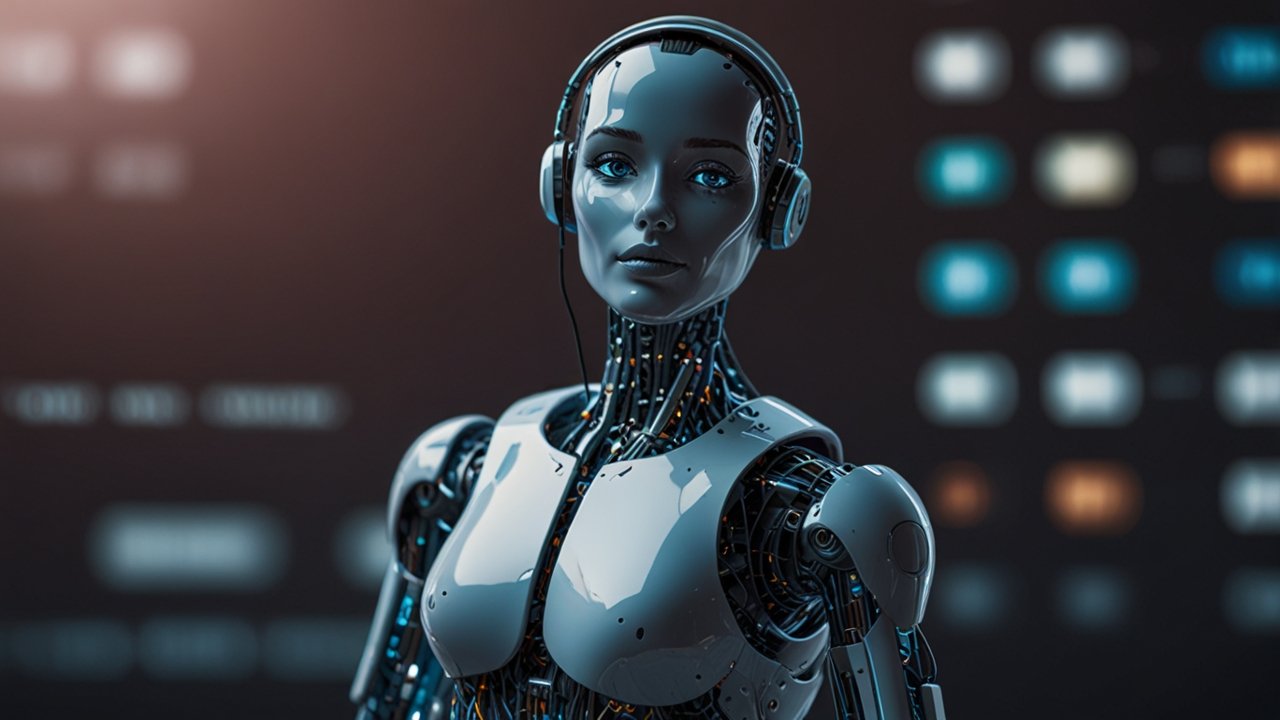 Modern development workspace with AI chatbot interface prototypes, conversation flow diagrams, and natural language processing algorithms displayed on multiple screens