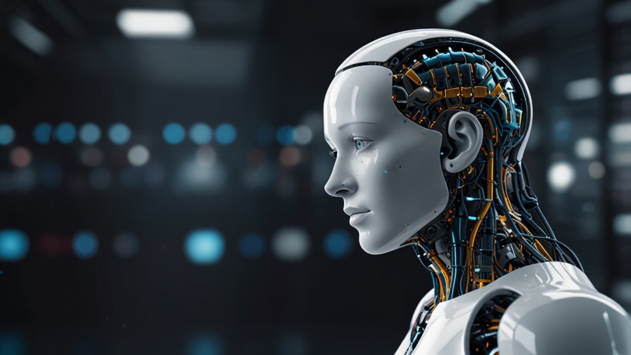 Futuristic office environment with holographic AI interfaces, automated robotic systems, and interconnected digital workflows displayed in floating screens with blue and white lighting