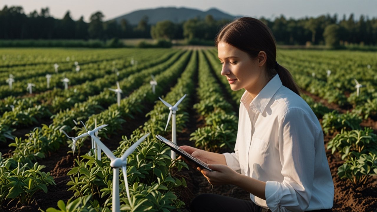 Eco-friendly AI research center with environmental monitoring systems, carbon optimization displays, and sustainable technology solutions